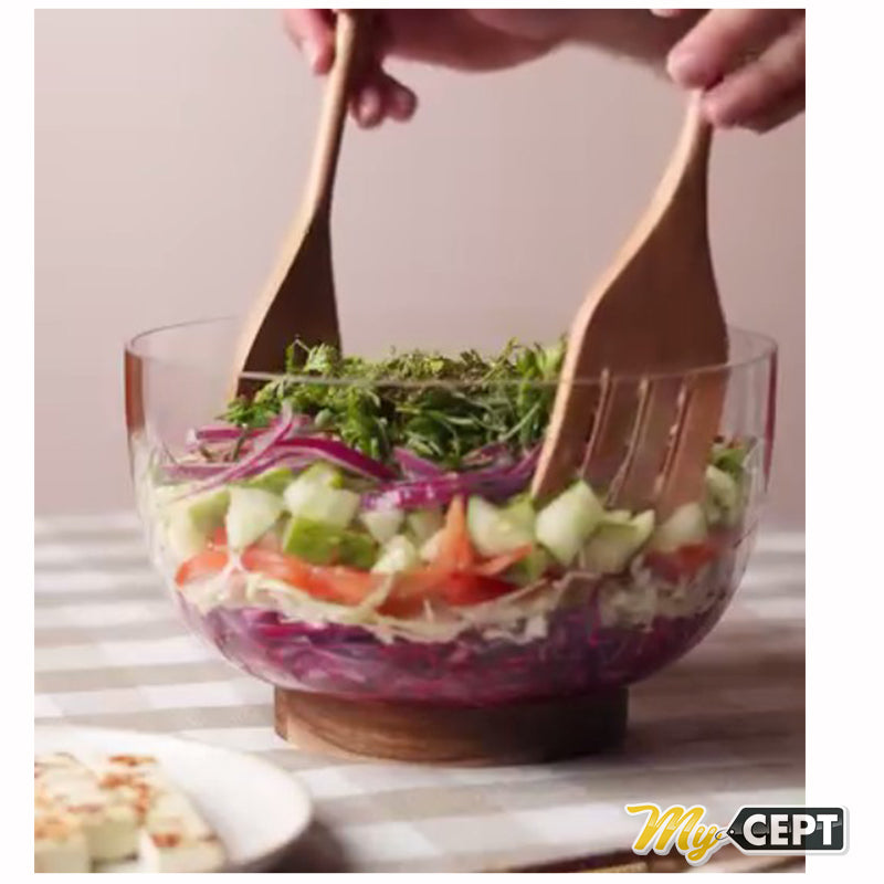 Glass Salad Bowl with Wooden Base