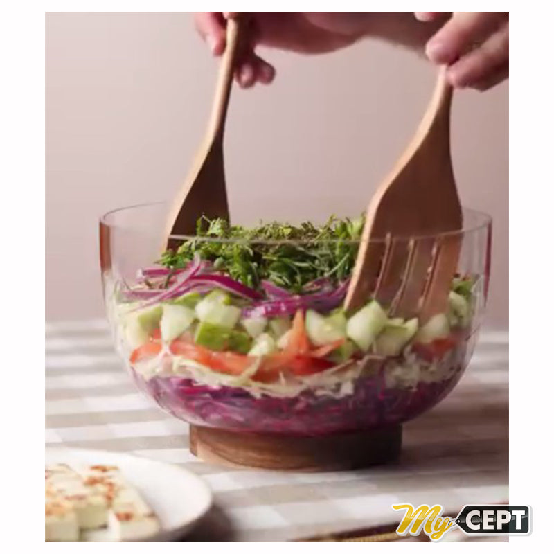 Glass Salad Bowl with Wooden Base