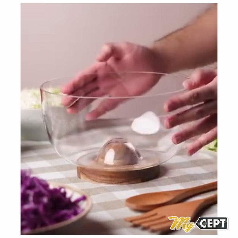 Glass Salad Bowl with Wooden Base