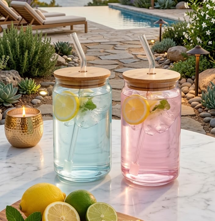 500ml Glass with Straw Pink & Blue