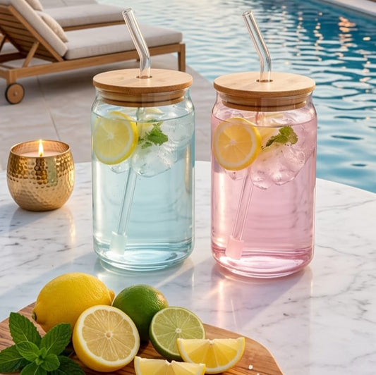 500ml Glass with Straw Pink & Blue