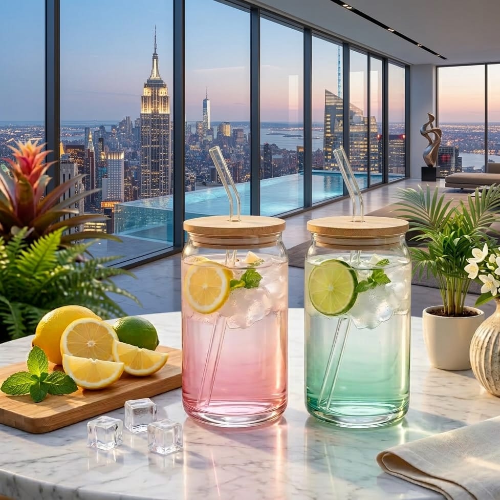 500ml Glass with Straw Pink & Green