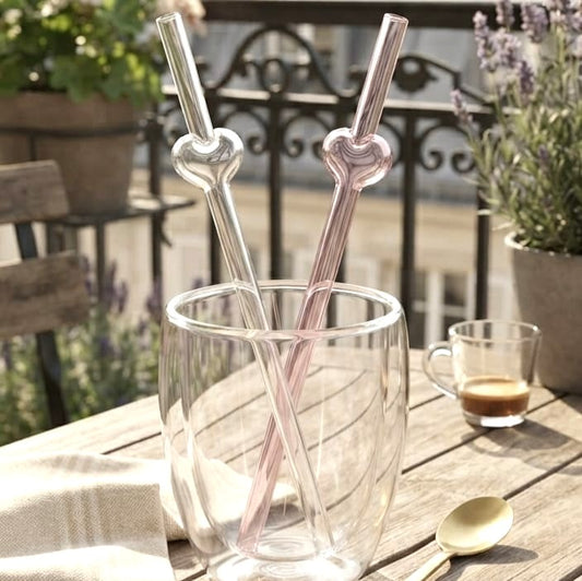 2 Glass Heart Straws with Brush