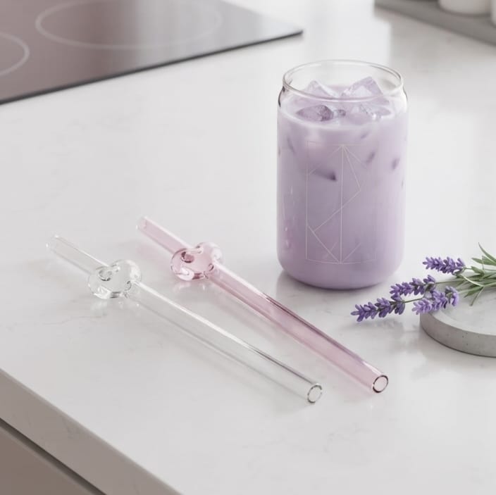 2 Glass Heart Straws with Brush