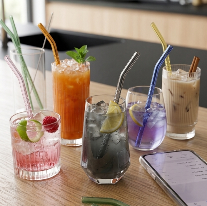 Set of 12 Curved Glass Straw with Brush