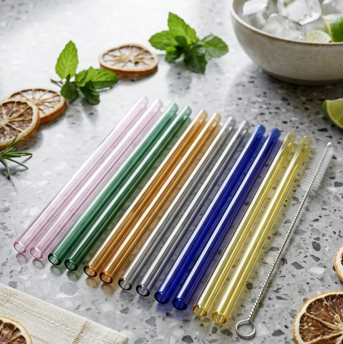 Set of 12 Straight Glass Straw with Brush