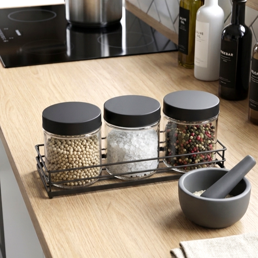 Set of 3 Jars with Stand - Black