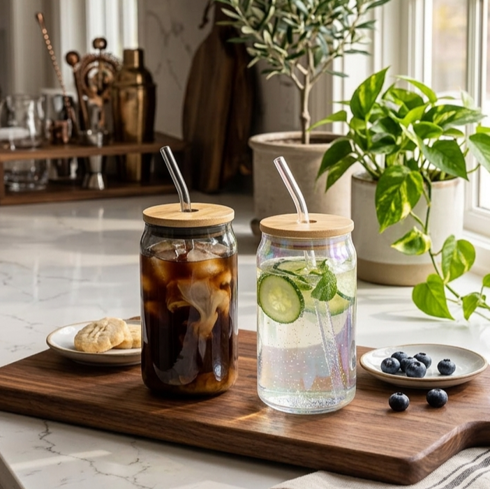 500ml Glass with Straw Grey & Blue