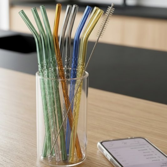 Set of 10 Curved Glass Straw with Brush