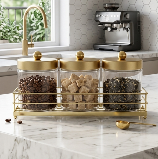 Set of 3 Jars with Stand - Gold