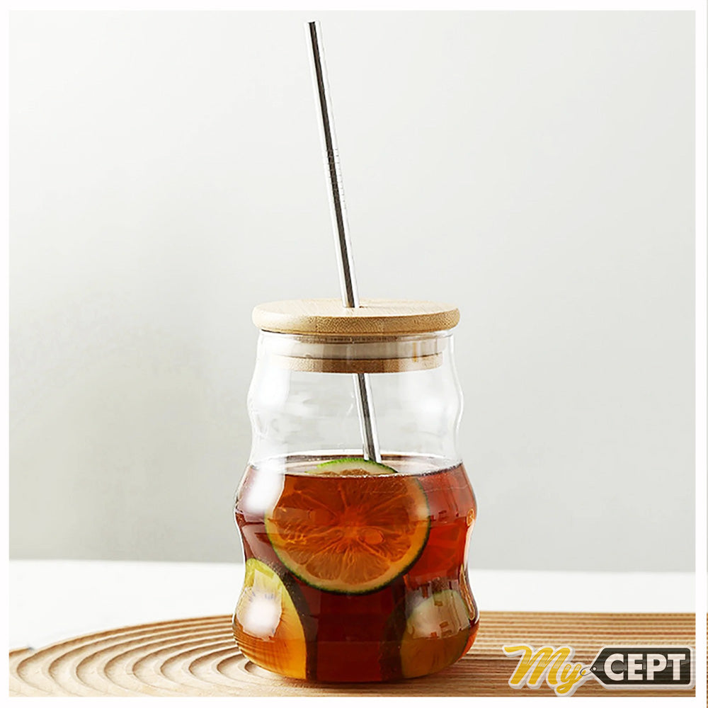 500ml Ribbed Glass with Lid & Straw