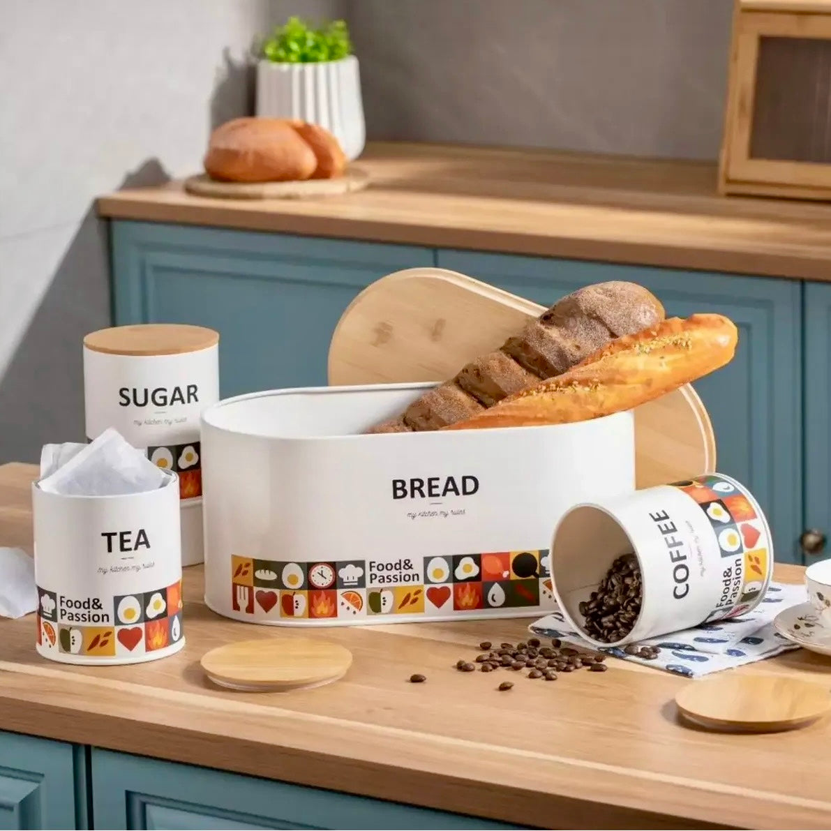 Bread Box & Jars Set White
