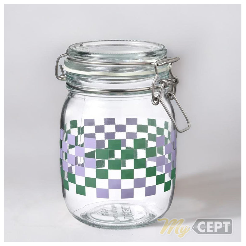 1L Airtight Glass Jar - Patterned Green