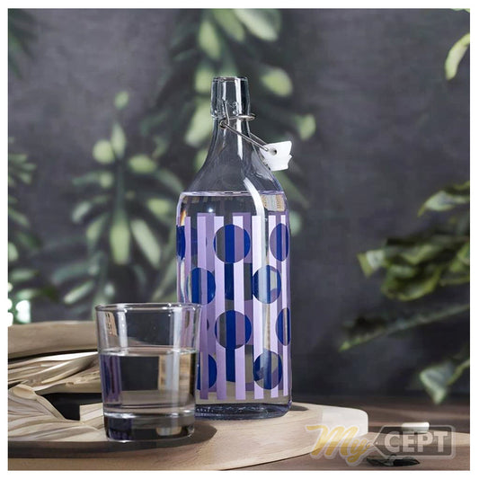 1L Glass Bottle with Stopper - Patterned Blue