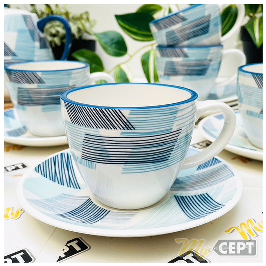 Set of 6 Cup & Saucer Lined Blue/White