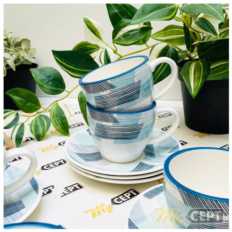 14-Pc Tea Set Lined Blue/White