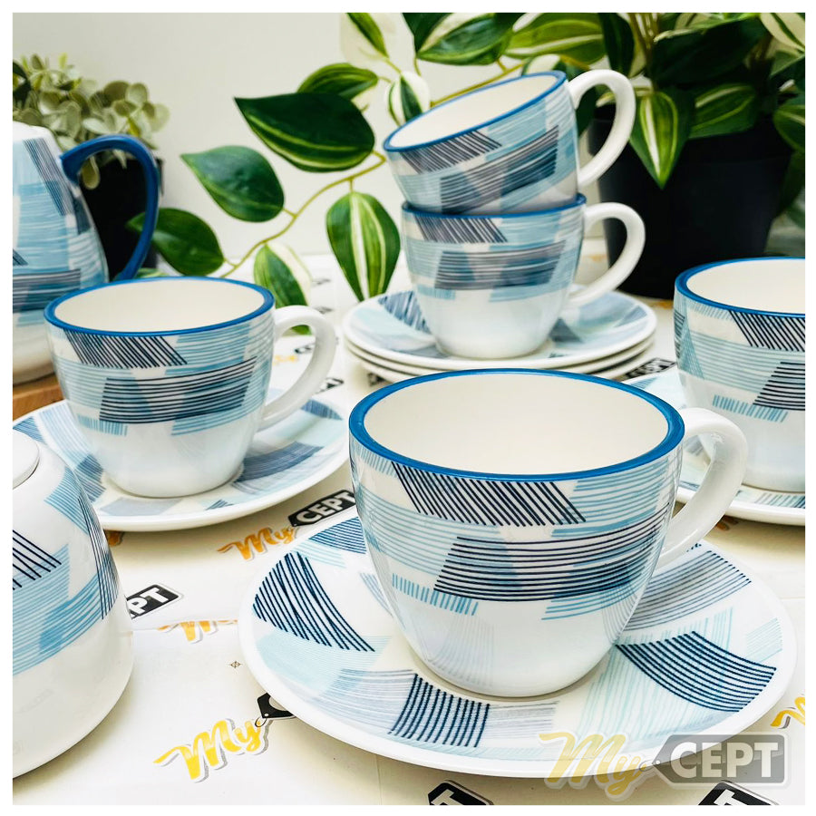 14-Pc Tea Set Lined Blue/White