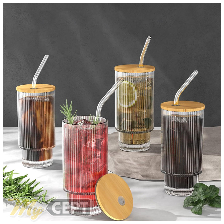 Textured Glass with Wooden Lid Set of 4