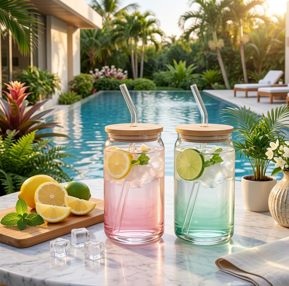 500ml Glass with Straw Pink & Green