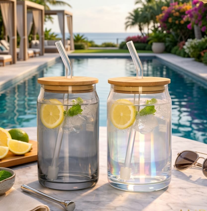 500ml Glass with Straw Grey & Blue