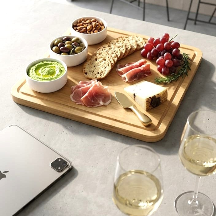Square Serving Board with 3 Dip Bowls
