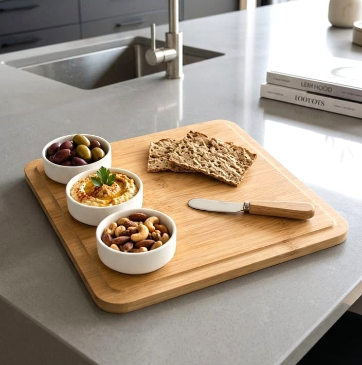 Square Serving Board with 3 Dip Bowls