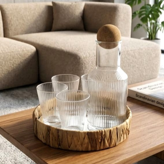 Glass Carafe & Tray with 4 Glass Set