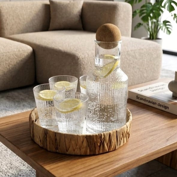 Glass Carafe & Tray with 4 Glass Set