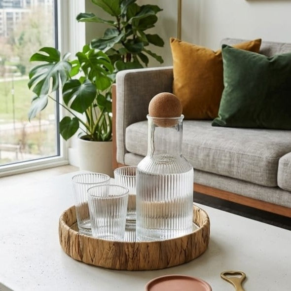 Glass Carafe & Tray with 4 Glass Set
