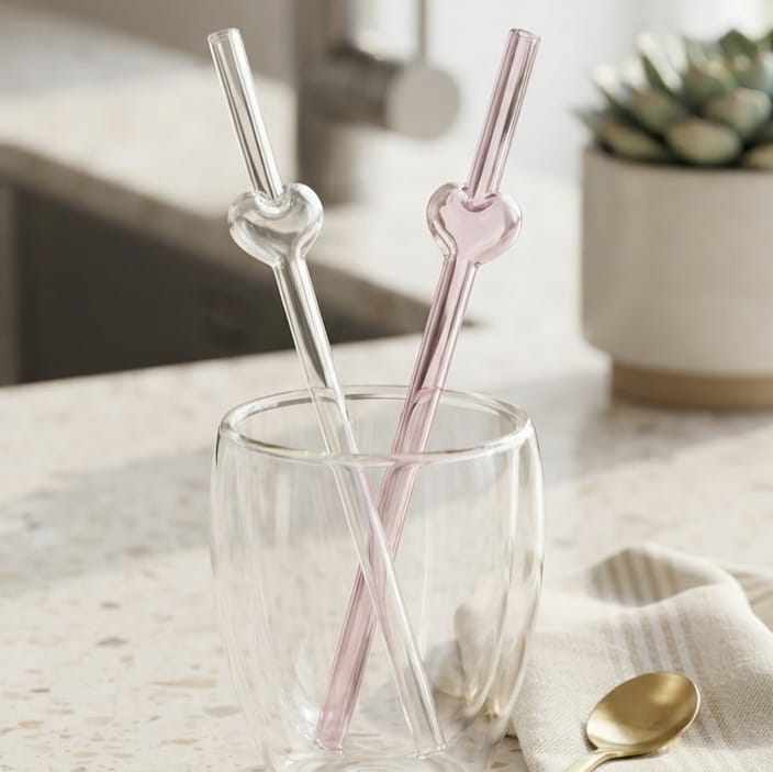 2 Glass Heart Straws with Brush