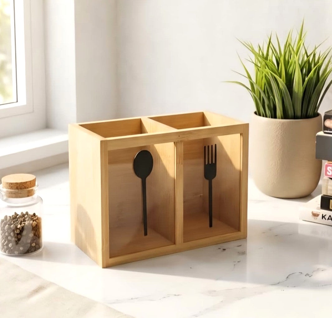 2-Section Wooden Cutlery Holder
