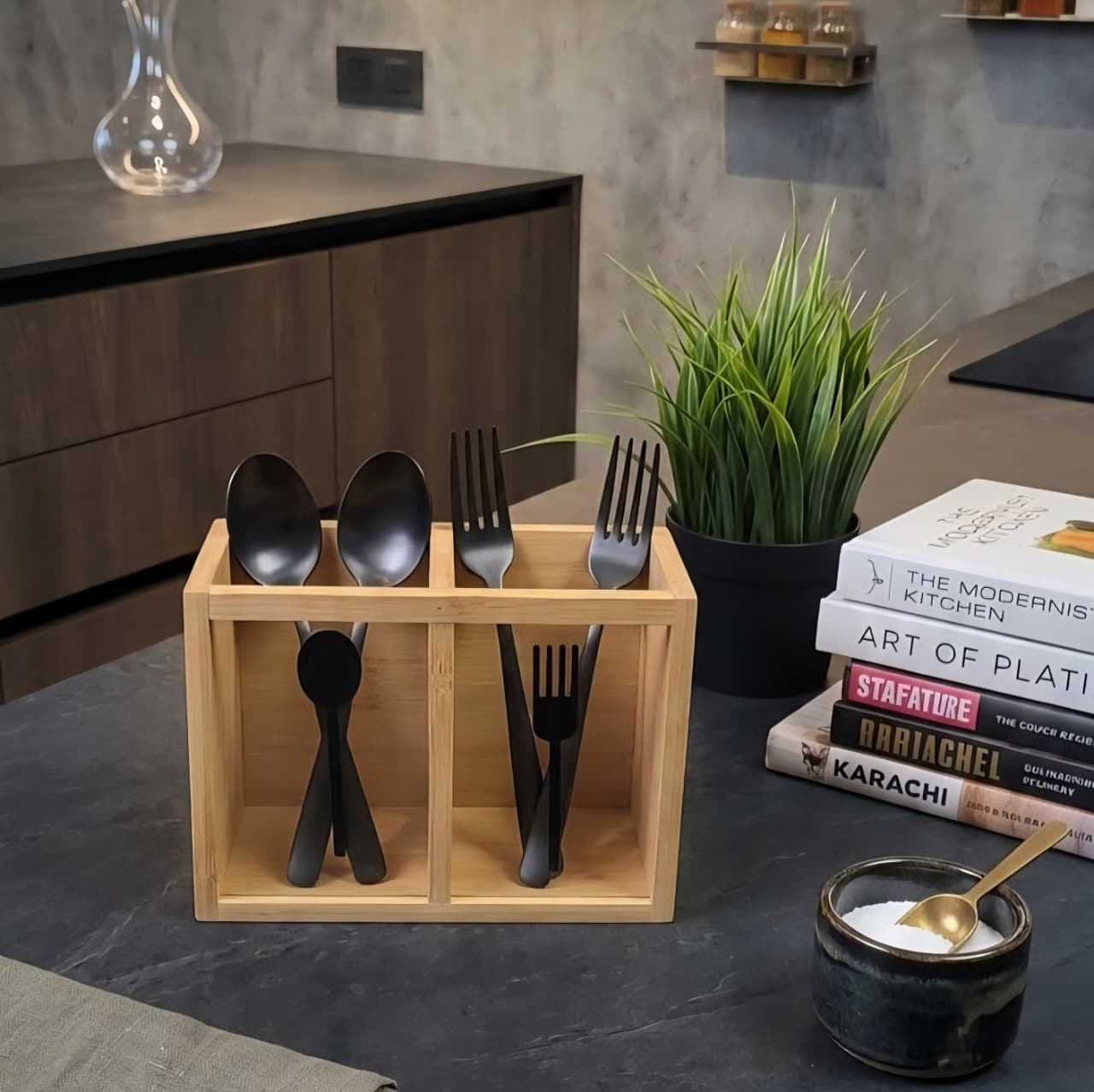 2-Section Wooden Cutlery Holder