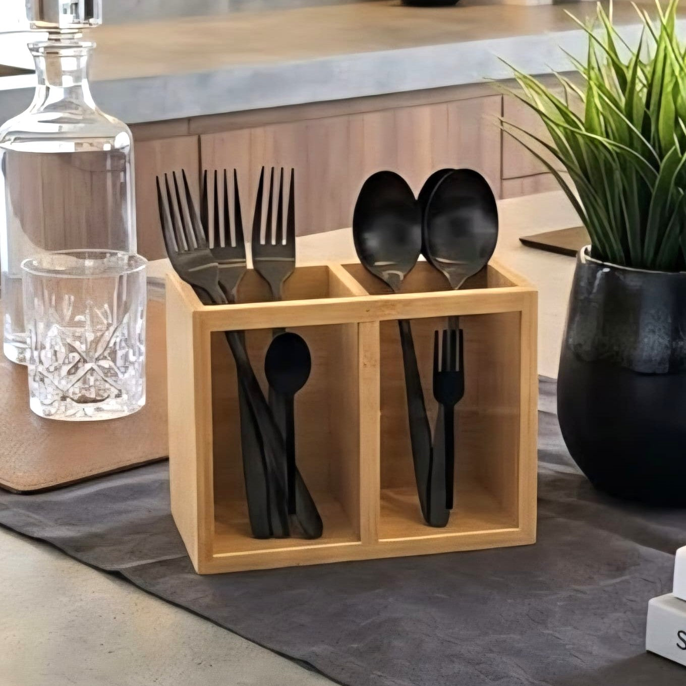 2-Section Wooden Cutlery Holder