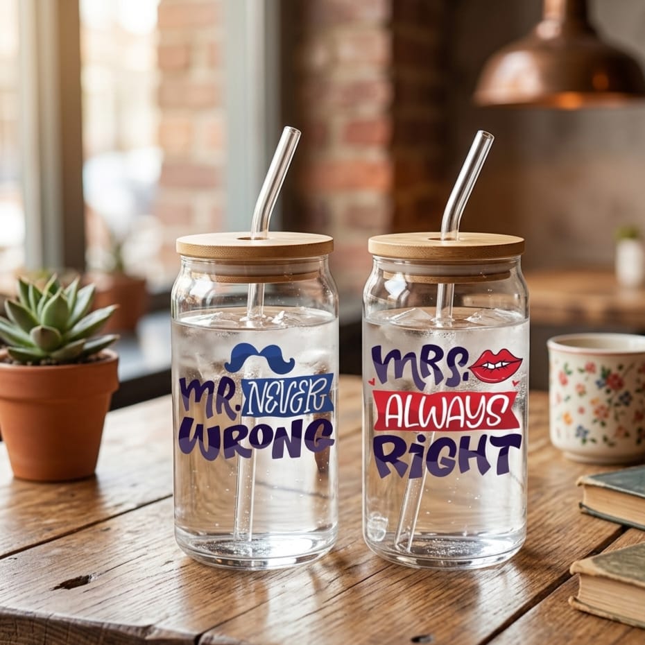 Mr & Mrs Glass with Straw Set of 2