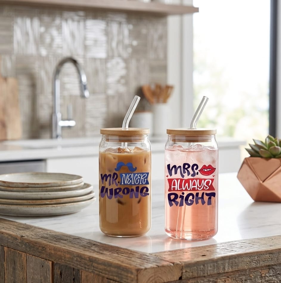 Mr & Mrs Glass with Straw Set of 2