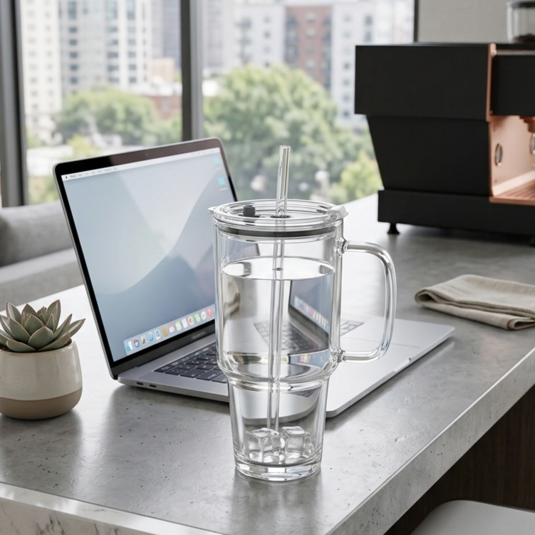 1L Glass Tumbler With Straw