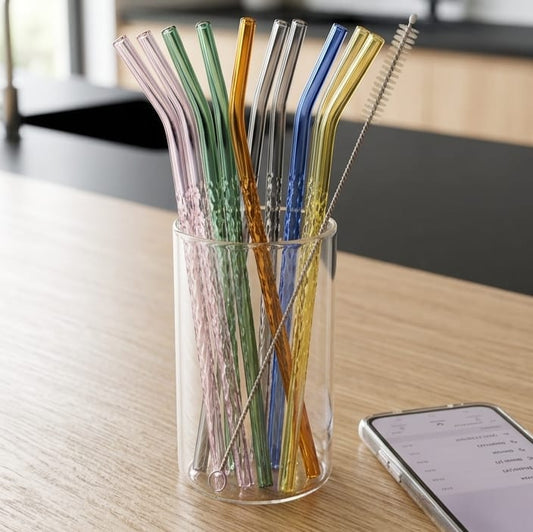 Set of 12 Curved Glass Straw with Brush