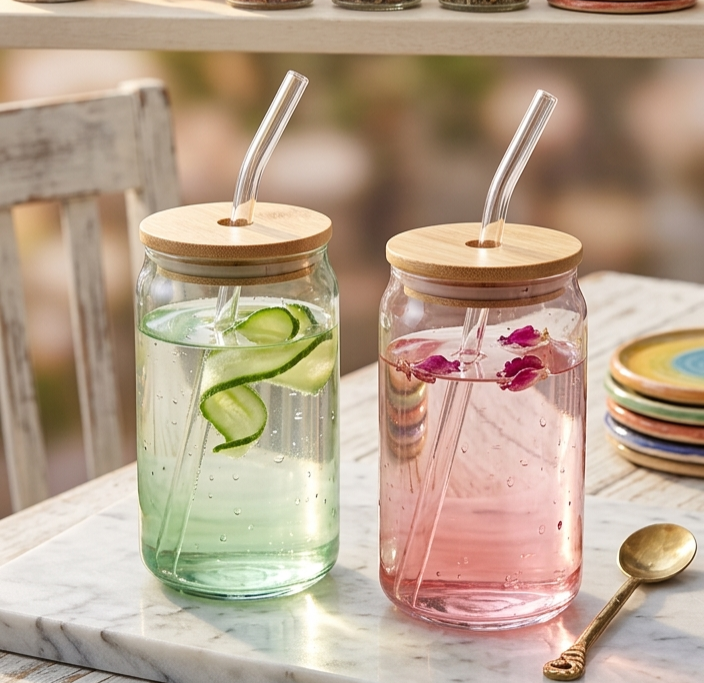 500ml Glass with Straw Pink & Green