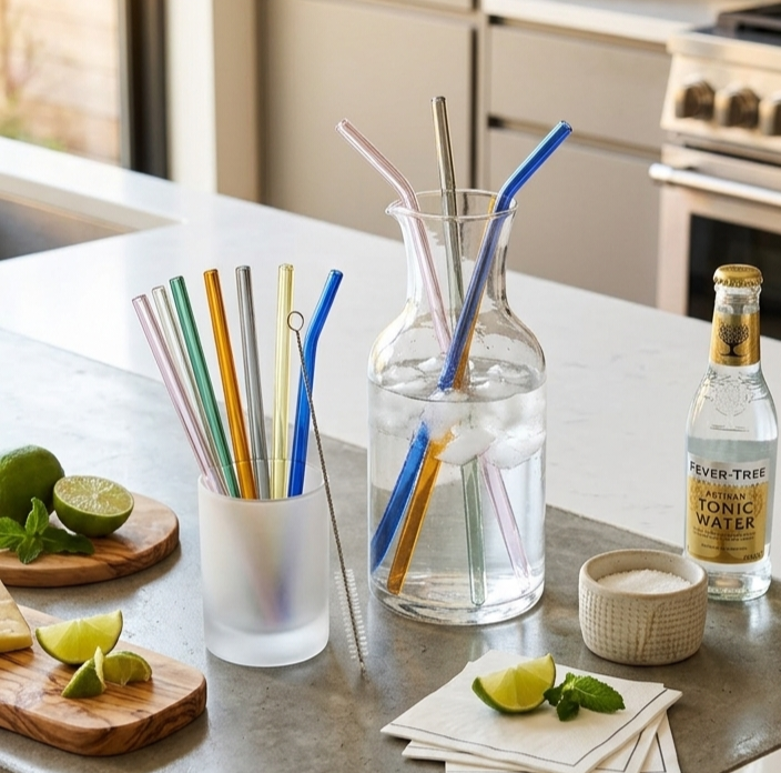 Set of 12 Straight Glass Straw with Brush