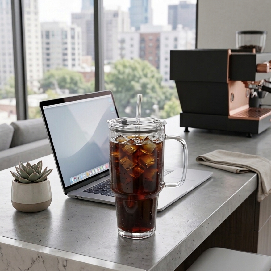 1L Glass Tumbler With Straw