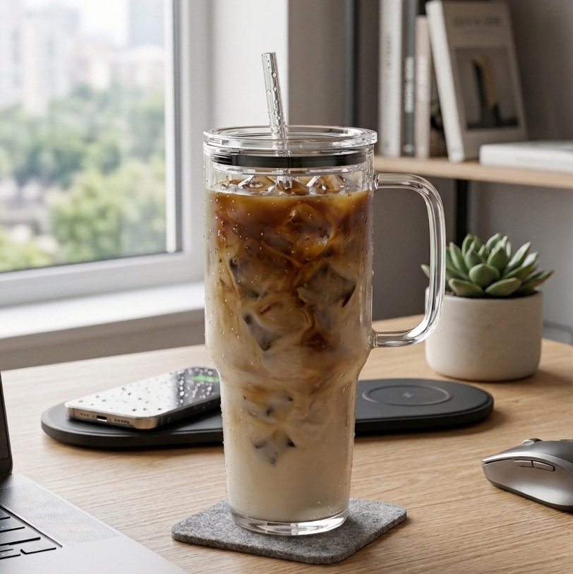 1L Glass Tumbler With Straw