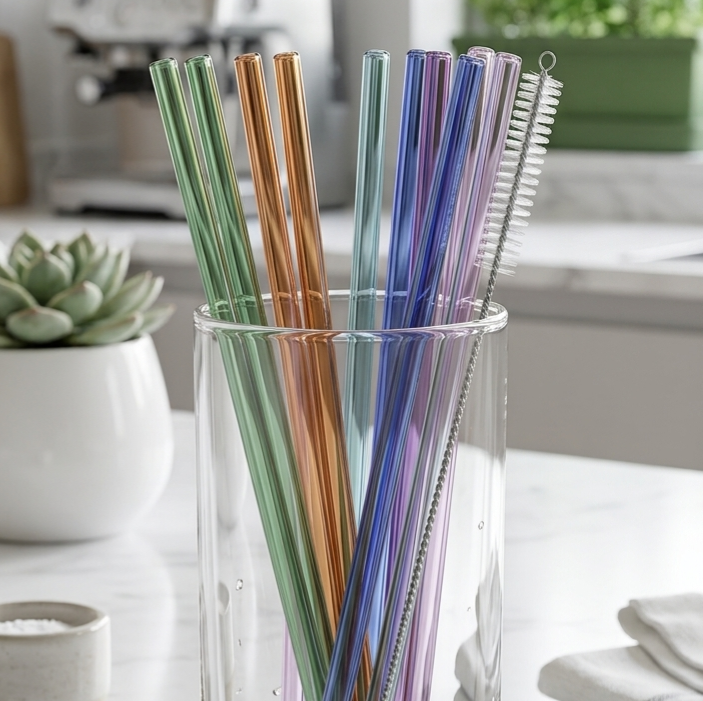 Set of 12 Straight Glass Straw with Brush