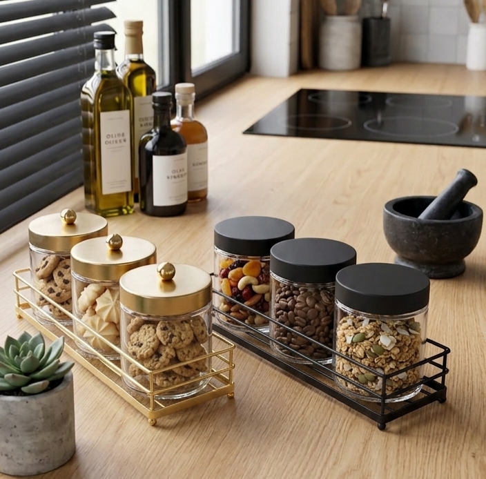 Set of 3 Jars with Stand - Gold