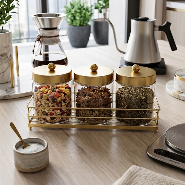 Set of 3 Jars with Stand - Gold