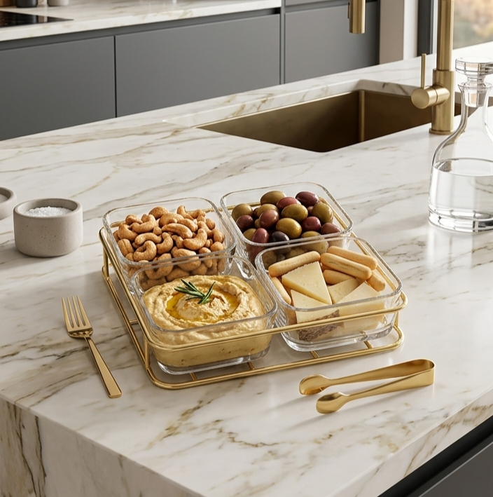 4 Section Glass Serving Bowl - Gold