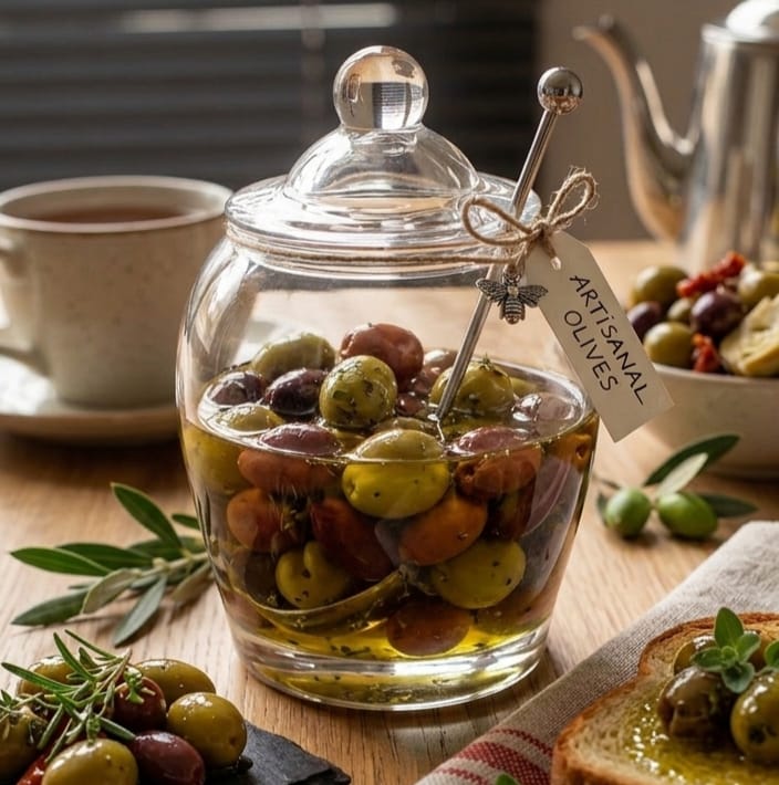 Olive Glass Jar with Spoon