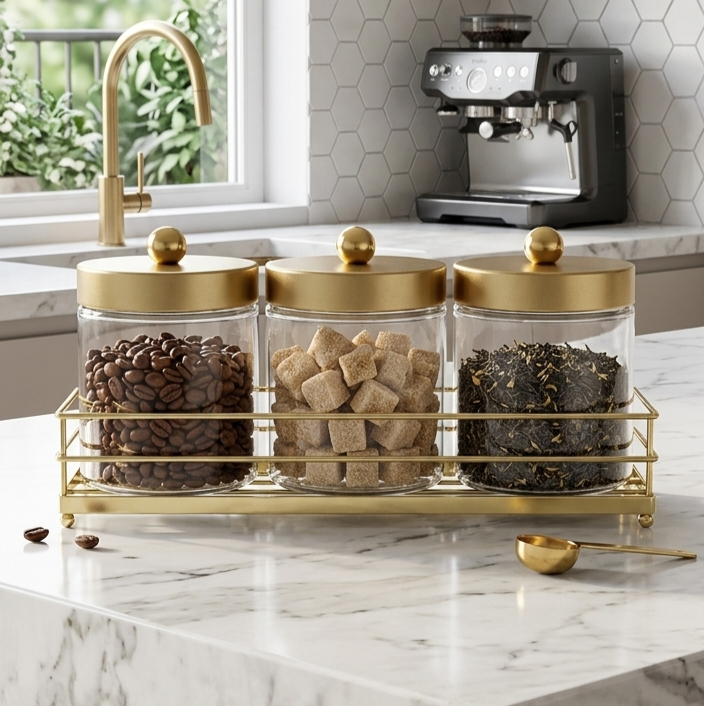 Set of 3 Jars with Stand - Gold