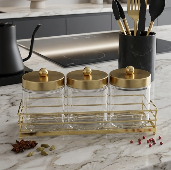 Set of 3 Jars with Stand - Gold