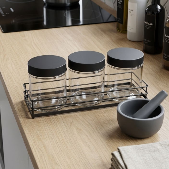Set of 3 Jars with Stand - Black