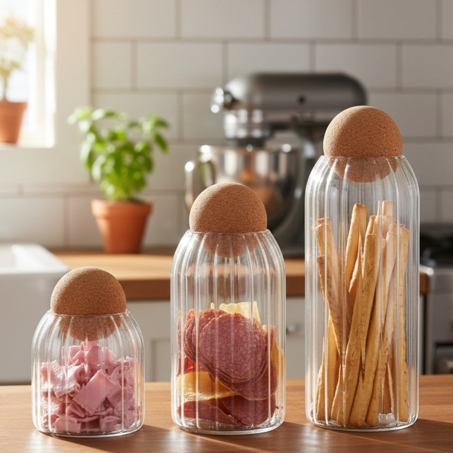 Set of 3 Textured Glass Jars with Cork Lid